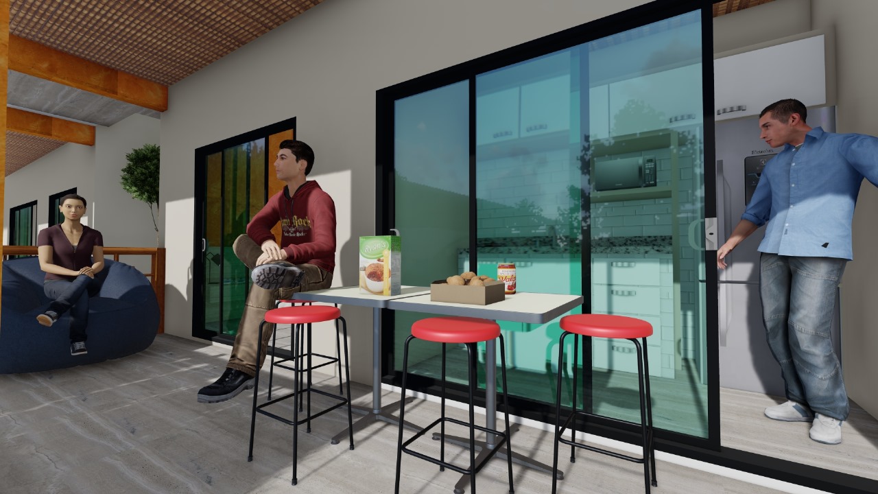 Projeto da varanda do chalé integrada à cozinha