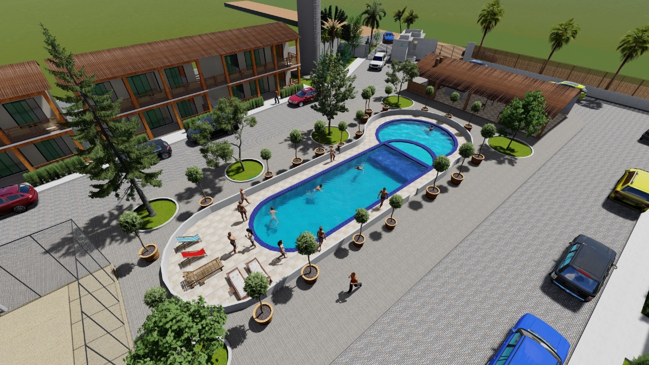 Piscina com deck de lounge e quiosque de churrasqueiras